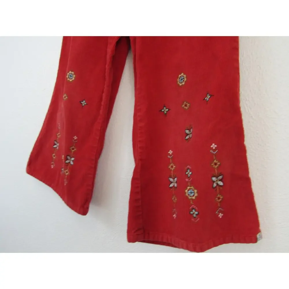 OshKosh 4T Bright Red Flare Corduroy Pants Floral Embroidery Vintage vtg Cotton